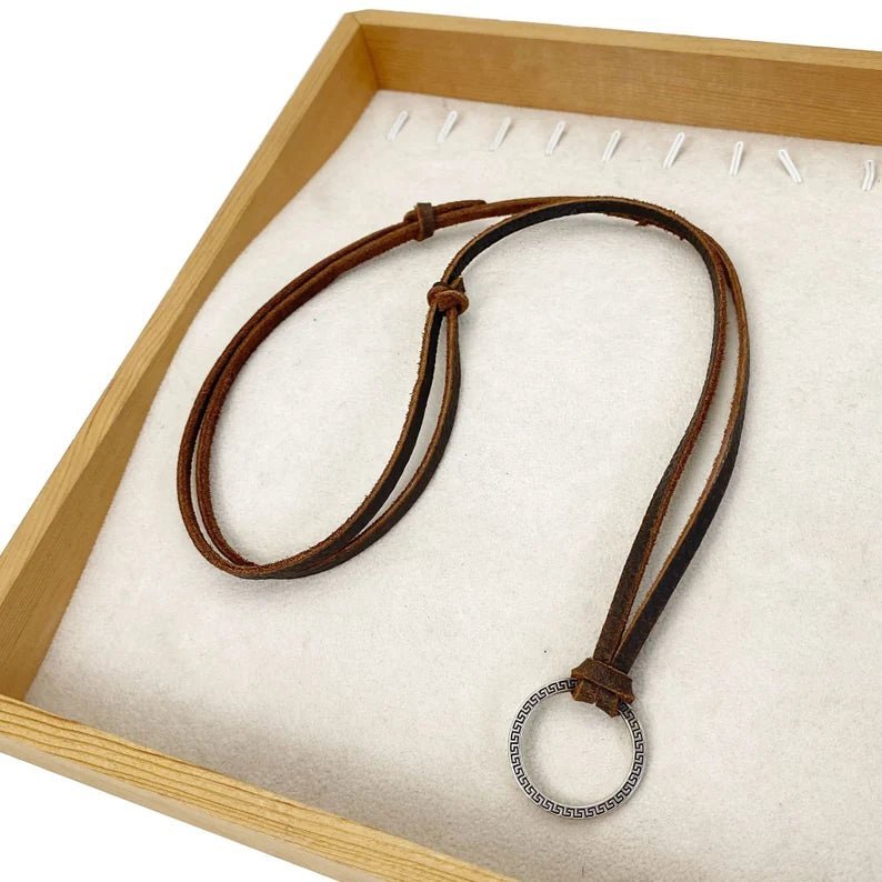 Leather Men Ring Pendant Necklace With Adjustable Rope - Ornaments Co - Gold