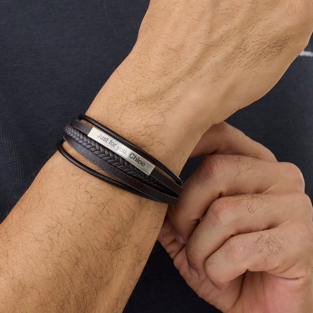 Personalized Engraved Men's Black Braided Leather Bracelet - Ornaments Co - 7.5 inches