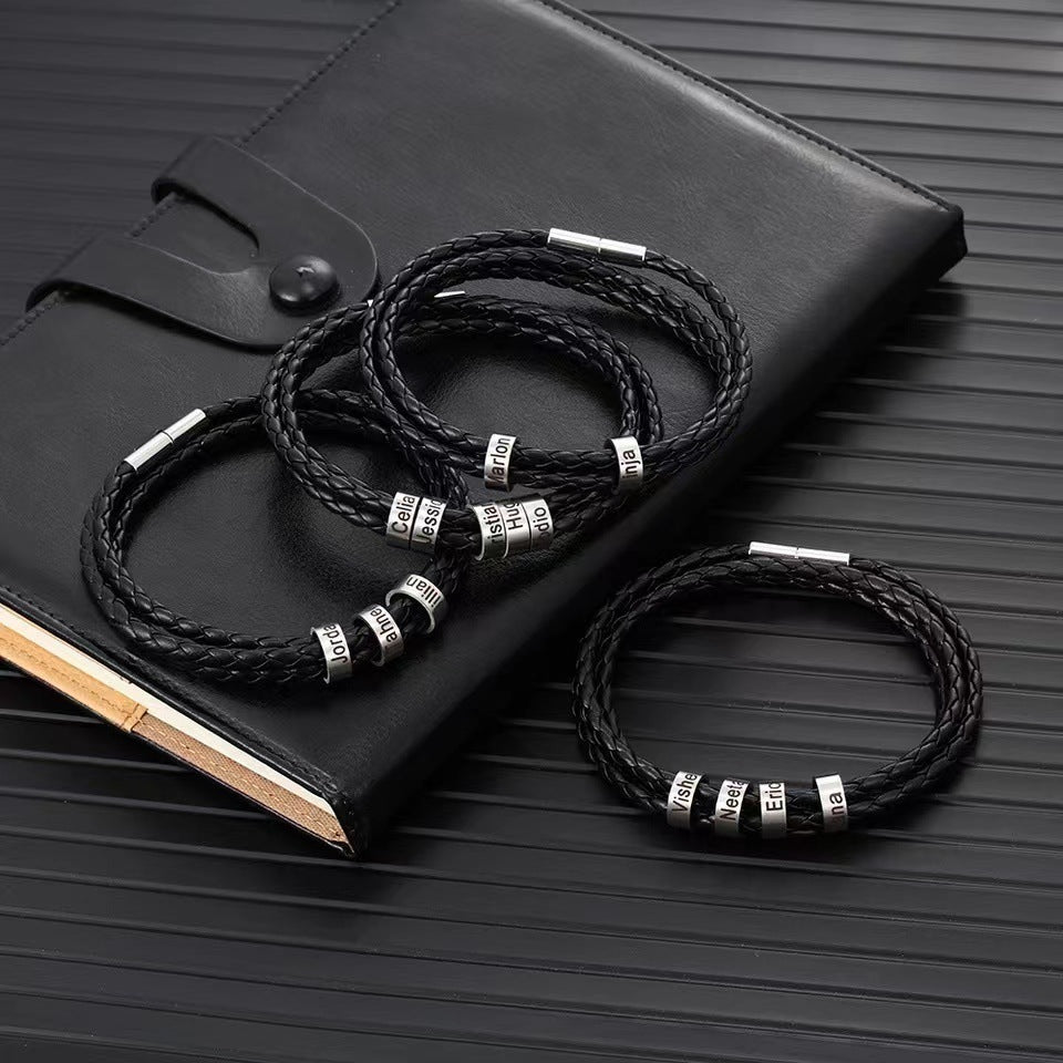 Personalized Men Genuine Leather Stainless Steel Bead Bracelet - Ornaments Co - Black