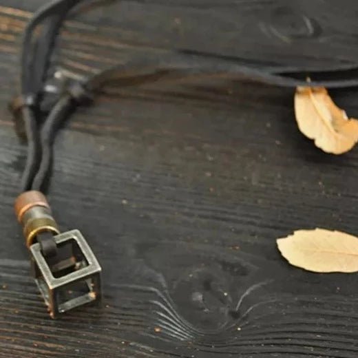 Square Pendant Leather Men Necklace With Adjustable Rope - Ornaments Co - Black