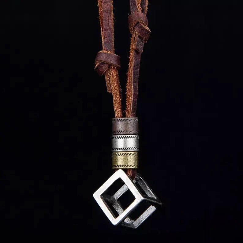 Square Pendant Leather Men Necklace With Adjustable Rope - Ornaments Co - Brown