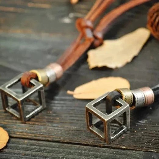 Square Pendant Leather Men Necklace With Adjustable Rope - Ornaments Co - Black