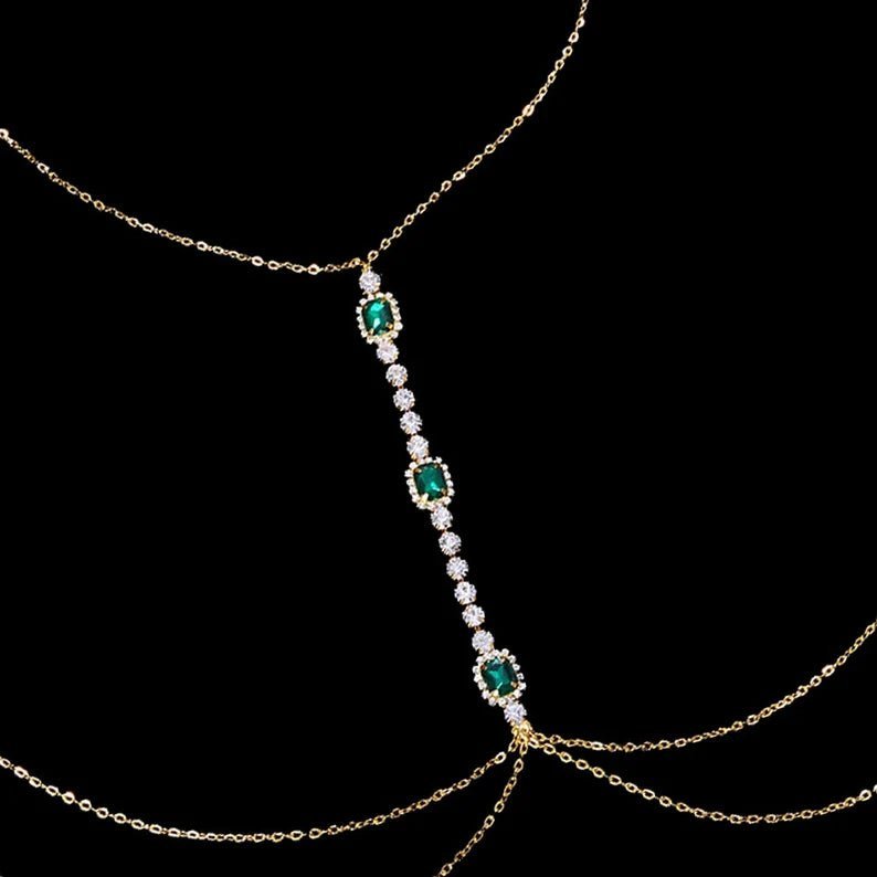 Women Green Stone Body Chain - Ornaments Co - Silver